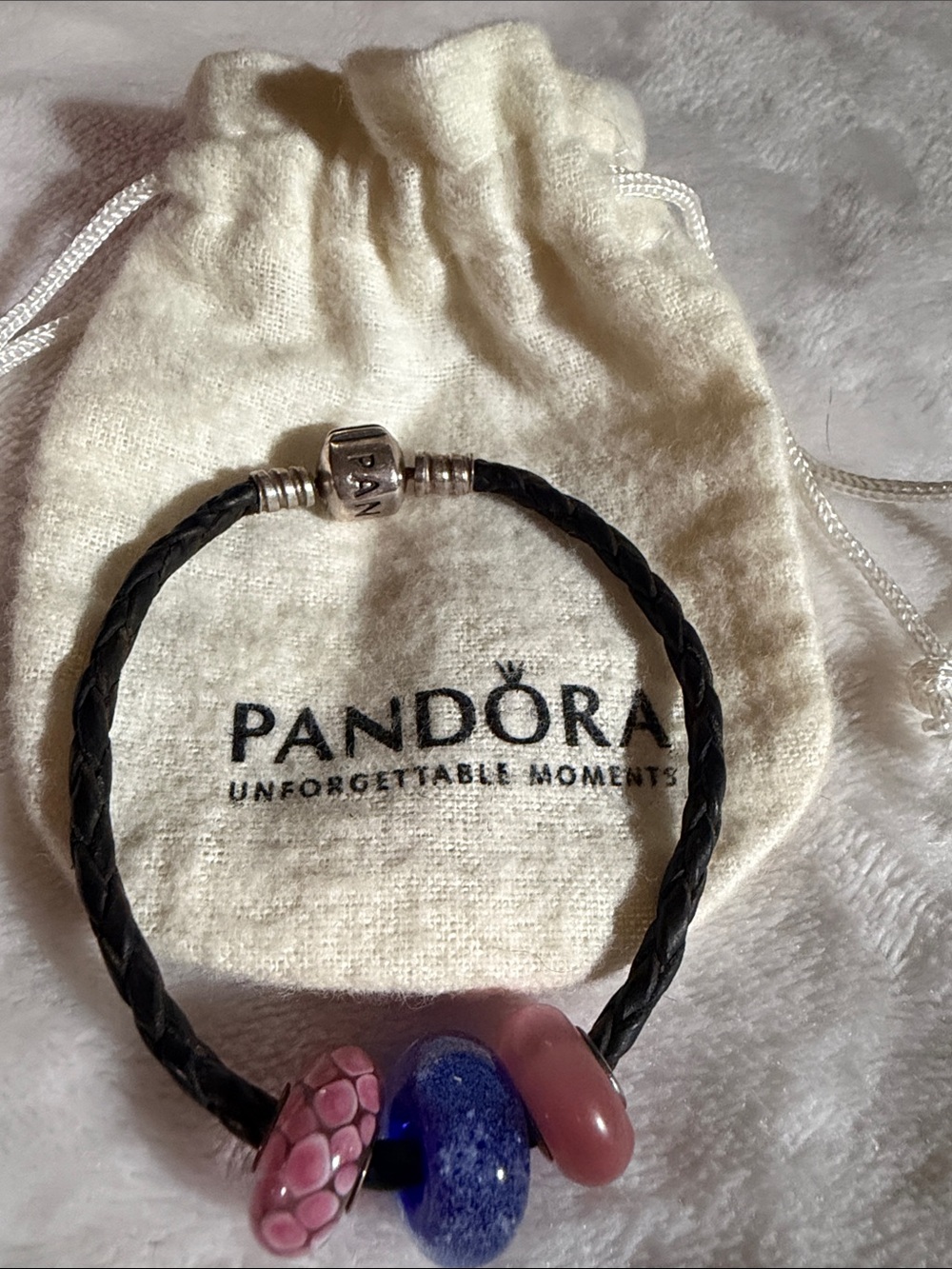 Pandora Black Leather Bracelet with Unbranded Beads